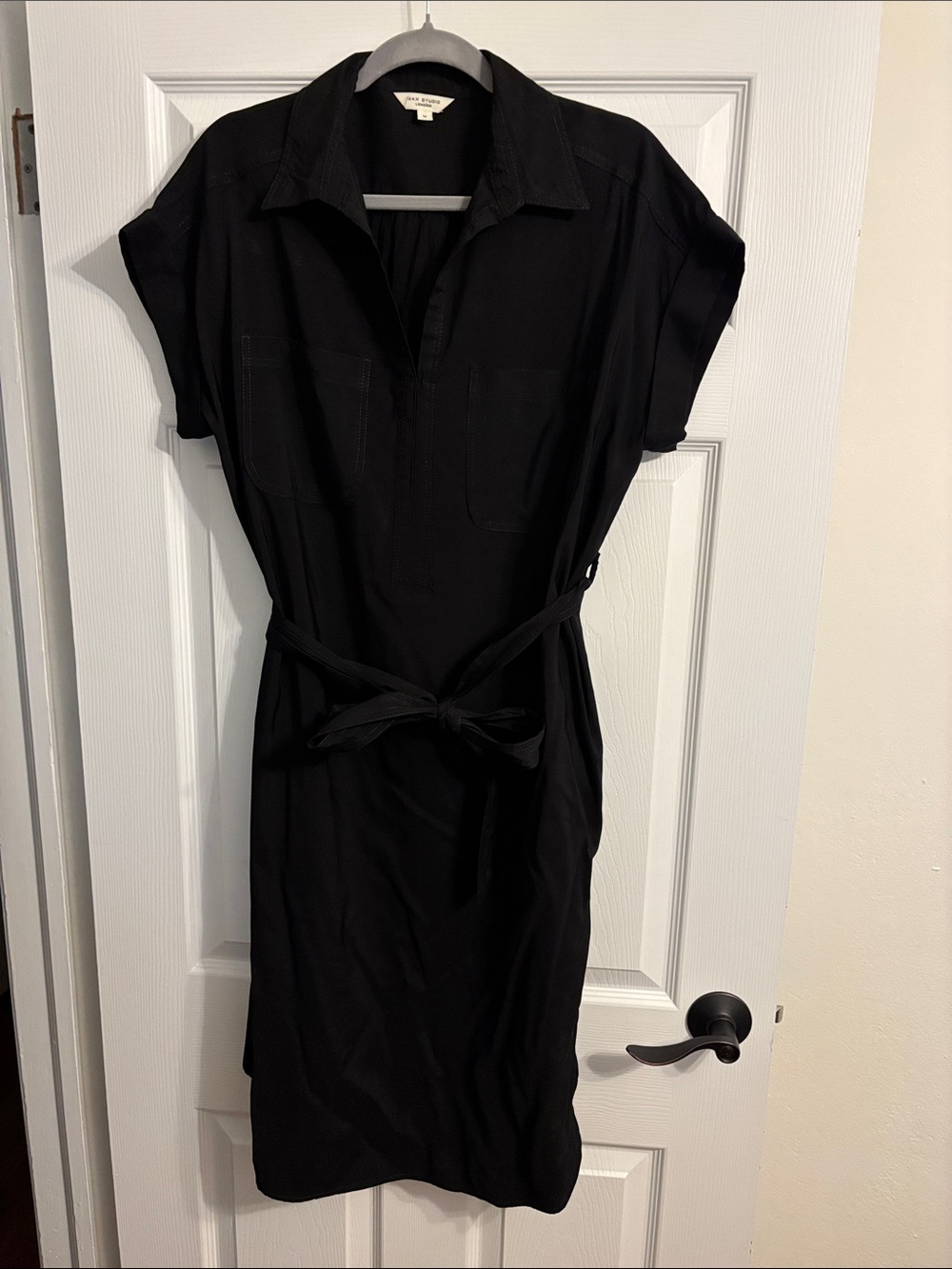 Max Studio Black Short-Sleeve Midi Shirt Dress with Tie Waist